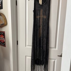 Charcoal Asymmetrical Fringe Midi Dress with Cross Detail